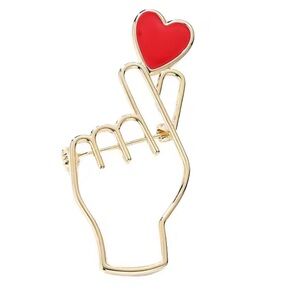 The Korean Love Finger Sign Gold Brooch Hand Pin with Red Heart ❤️